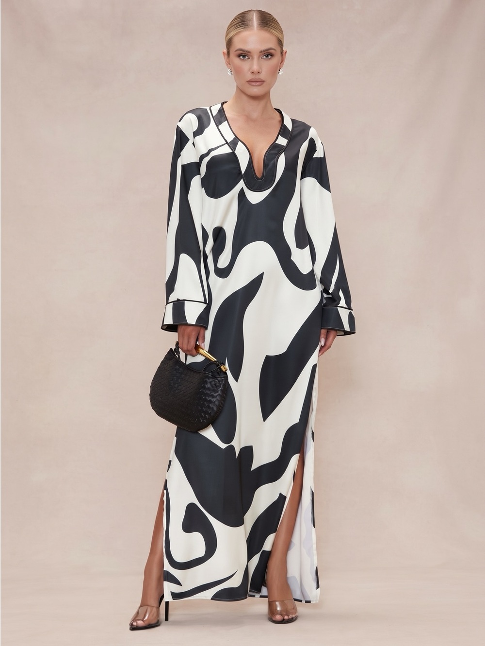 Fashion Nova Black & White Printed Long Sleeve Maxi Dress